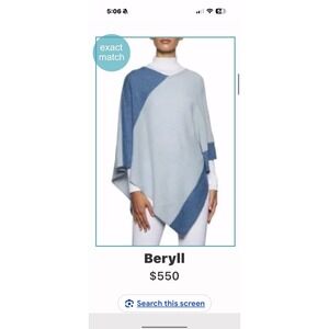 Beryll 100% Cashmere Colorblock Asymmetric Poncho Sweater Ice Blue Denim OS $550